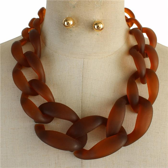 Brown Acrylic Curb Chain Necklace Earring Set - Picture 1 of 4